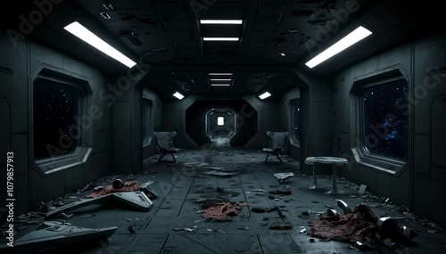 A long and narrow corridor inside an abandoned spaceship, littered with debris and wreckage. The windows offer a view of the starry night sky.