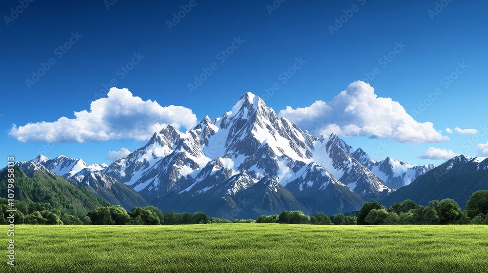 Fototapeta premium Majestic Snow Capped Mountains Lush Green Meadow Scenic Landscape