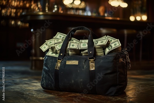 Black duffel bag full of money