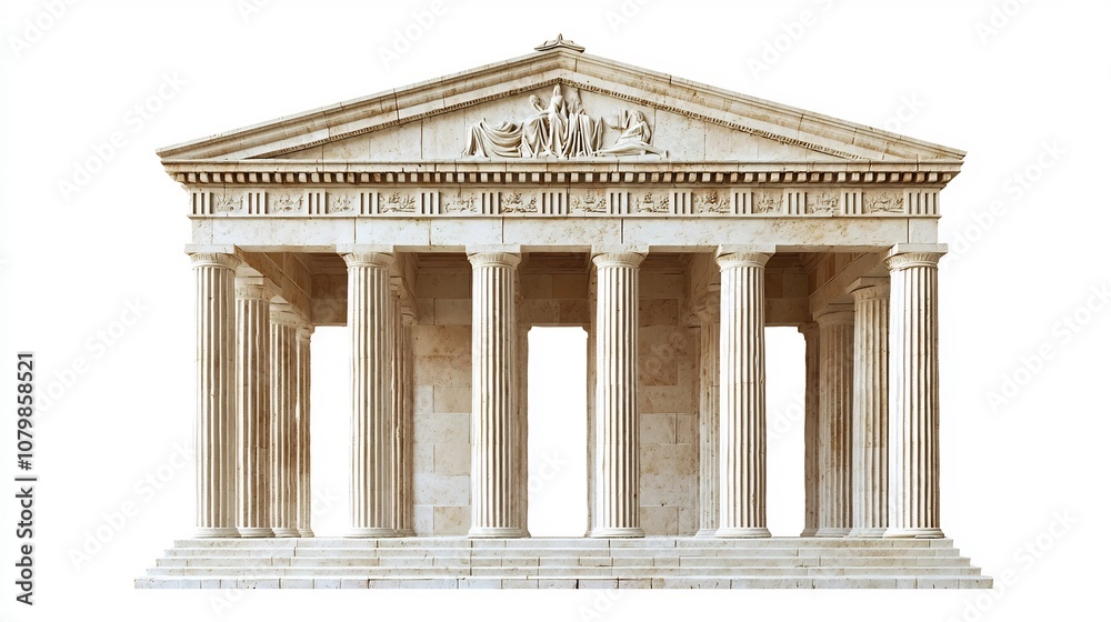 Fototapeta premium Majestic Ancient Greek Temple with Iconic Columns and Pediment on White Background