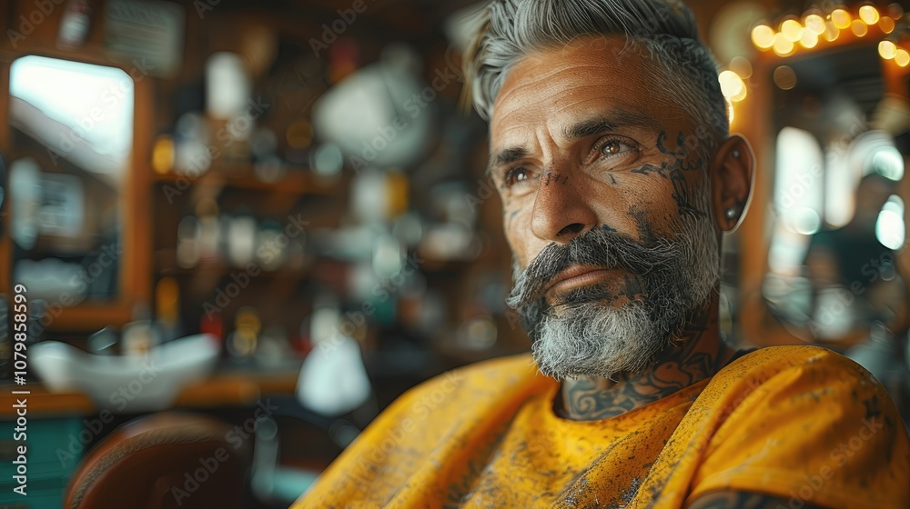 A tattooed man with a beard sitting in a barber shop. A tattooed man with a beard sitting in a barber shop.
