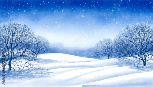 winter space of snow field and frozen trees; watercolor illustration