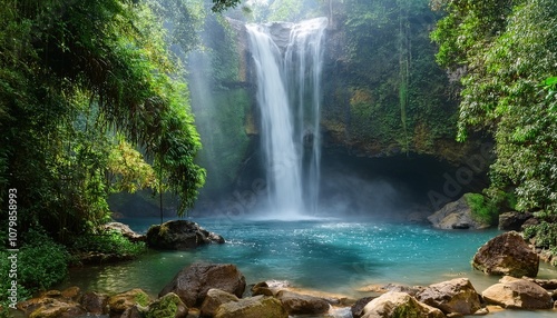 Tropical Waterfall Cascading Over Jagged Rocks Into a Crystal Clear Pool, Surrounded by Lush Green Jungle Foliage and Mist Rising Into the Warm Humid Air