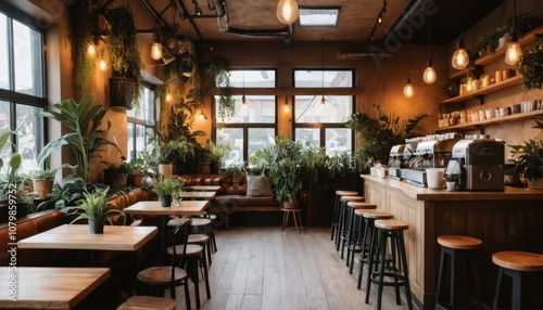 coffee shop interior, cozy setting with plants, soft lighting, rustic decor