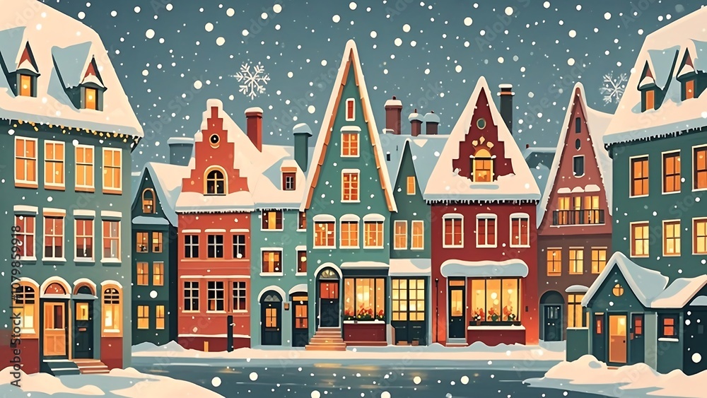 Festive Christmas street with cozy houses and snowfall Festive Christmas street with cozy houses and snowfall