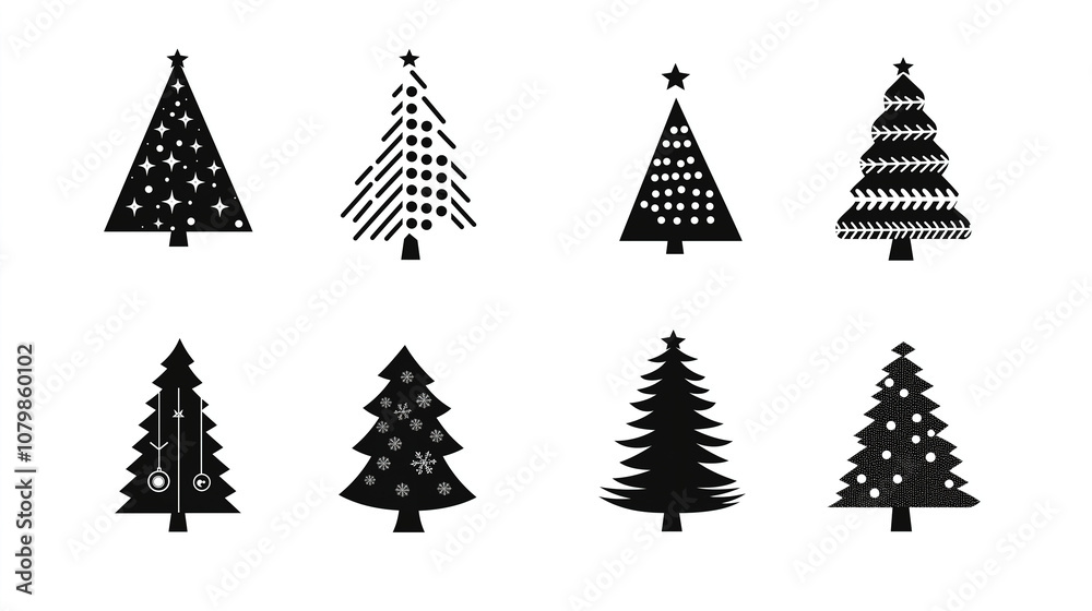 Obraz premium Minimalist Christmas Tree Silhouettes in Various Styles – Black and White Vector Icons for Holiday Cards and Seasonal Branding