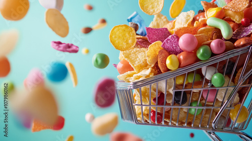 Assorted snacks and chips cascading into a shopping cart, creating a colorful scene