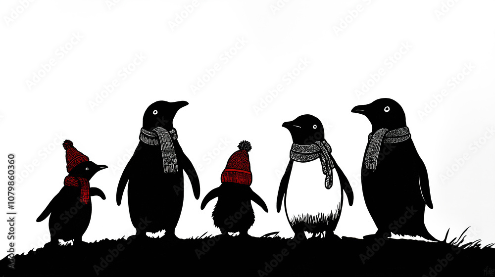Obraz premium Festive Family of Penguins Silhouette with Winter Hats and Scarves – Black and White Clipart for Holiday Cards and Winter Decor