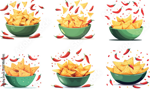 Colorful Bowls of Nacho Chips and Chili Peppers in a Fun, Festive Arrangement