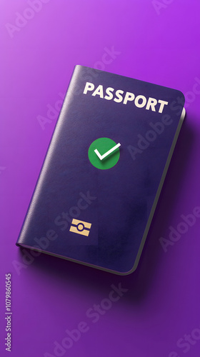 3D icon of a passport with a checkmark, symbolizing successful travel approval or entry, on a minimalistic violet background.
 photo