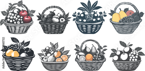 Artistic Display of Various Fruit Baskets Showcasing an Array of Fresh Produce