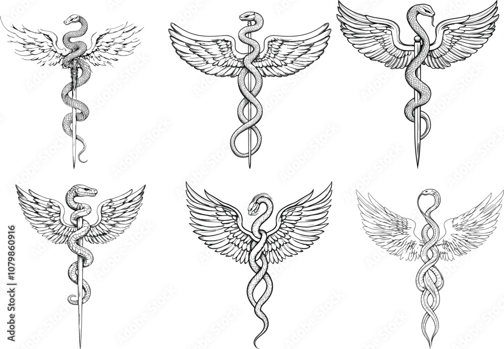 Classic Depictions of Caduceus Symbols Featuring Snakes and Wings in ...