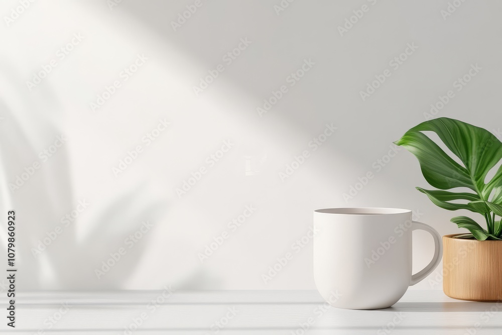 Minimalist White Cup and Green Plant on White Table. Minimalist White Cup and Green Plant on White Table.