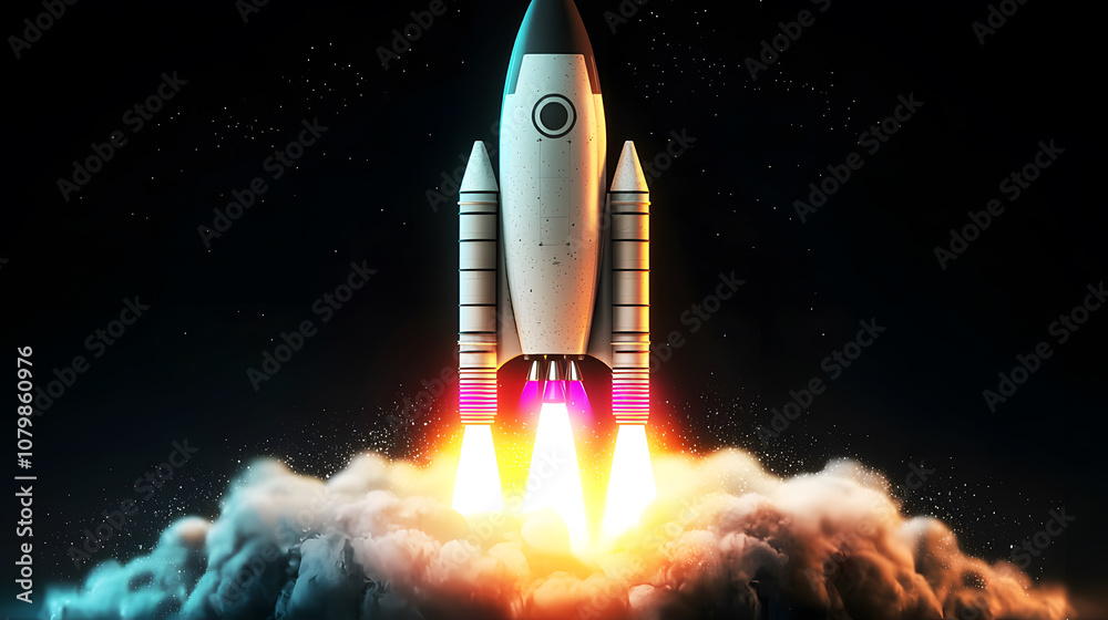 Fototapeta premium Rocket launching through dark cosmic clouds