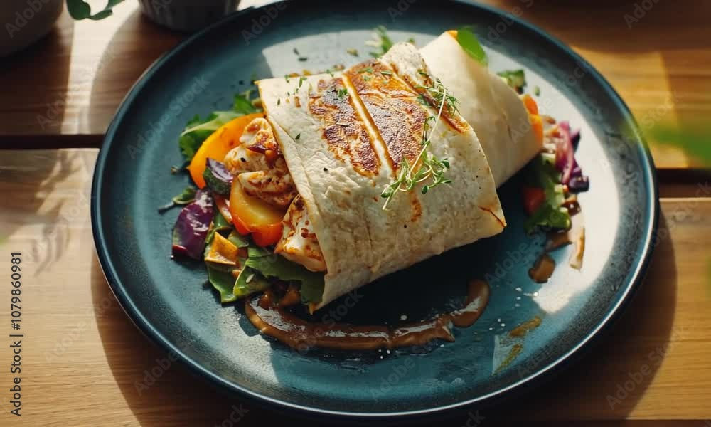 A delicious wrap filled with grilled vegetables and garnished, served on a vibrant plate. A delicious wrap filled with grilled vegetables and garnished, served on a vibrant plate.