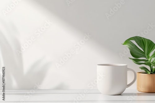 Minimalist White Cup and Green Plant on White Table.