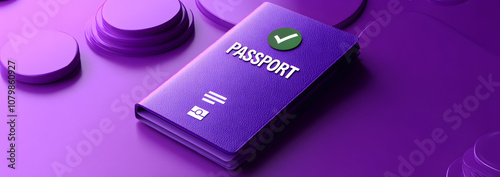 3D icon of a passport with a checkmark, symbolizing successful travel approval or entry, on a minimalistic violet background.
 photo