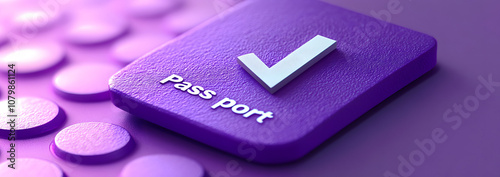 3D icon of a passport with a checkmark, symbolizing successful travel approval or entry, on a minimalistic violet background.
 photo