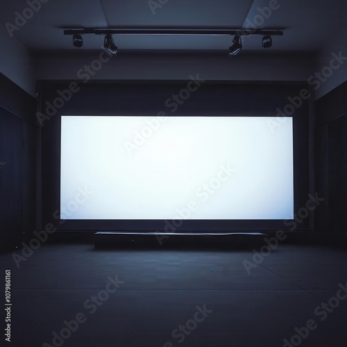 A minimalist cinema room with a large blank screen ready for viewing.