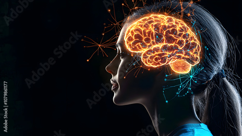 Profile of a woman with a glowing brain illustration.