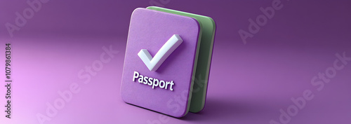 3D icon of a passport with a checkmark, symbolizing successful travel approval or entry, on a minimalistic violet background.
 photo