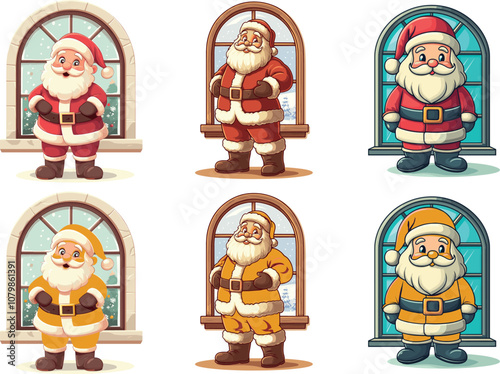 Cheerful Santa Characters in Colorful Winter Outfits by Festive Windows