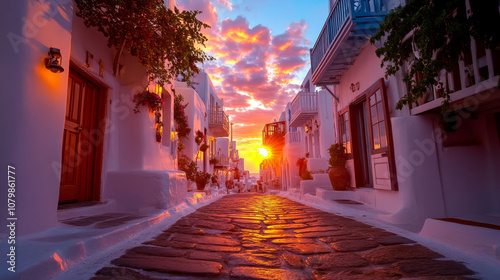 Fototapeta Naklejka Na Ścianę i Meble -  Captivating sunset over the iconic cobblestone streets of Mykonos, highlighting the beauty of Greek architecture and coastal charm