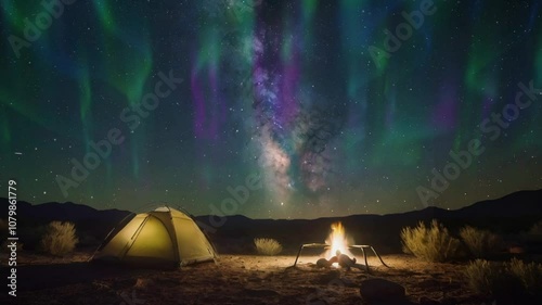 A glowing tent under a mesmerizing starry sky with the Milky Way and vibrant auroras above. A warm campfire adds coziness to the remote desert scene. Perfect for adventure and stargazing vibes.