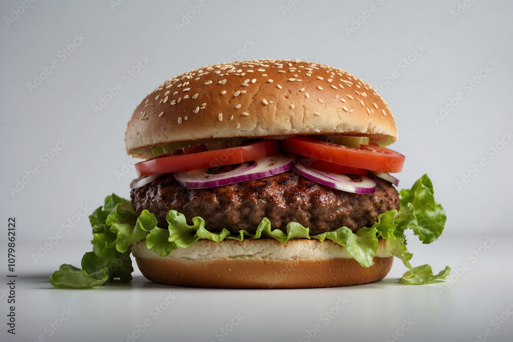 Juicy burger in the middle of a white backdrop, no distractions, focus on its details and texture Juicy burger in the middle of a white backdrop, no distractions, focus on its details and texture
