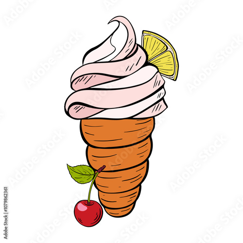 A mouthwatering and delicious Ice Cream Cone topped with a Cherry and a slice of Lemon. Vector 