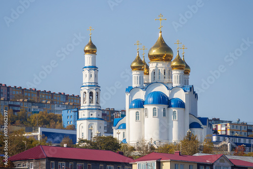 Holy Trinity Cathedral, Petropavlovsk-Kamchatsky, Kamchatka Krai, Russia. View of the large beautiful Orthodox church with golden domes. Christianity in the Russian Far East. Architectural landmark. photo