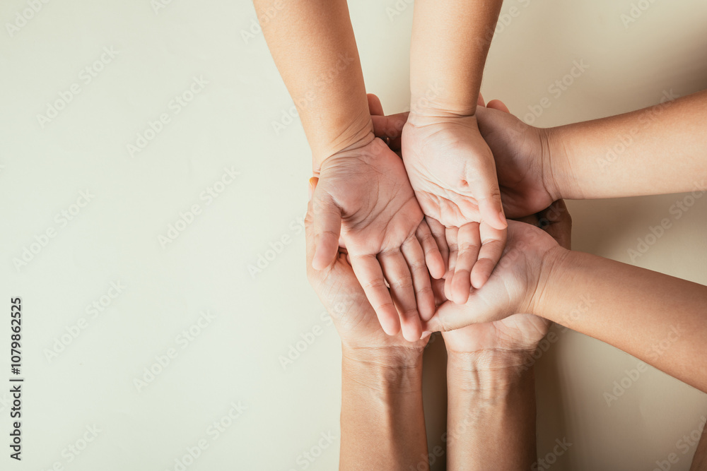 Top view of parents and kid holding empty hands together isolated. Symbolizing Family Day togetherness support and generational bonds. Top view of parents and kid holding empty hands together isolated. Symbolizing Family Day togetherness support and generational bonds.