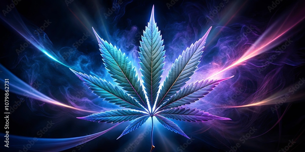 custom made wallpaper toronto digitalA single marijuana leaf in the center of swirling blue, pink, and orange smoke against a dark background.