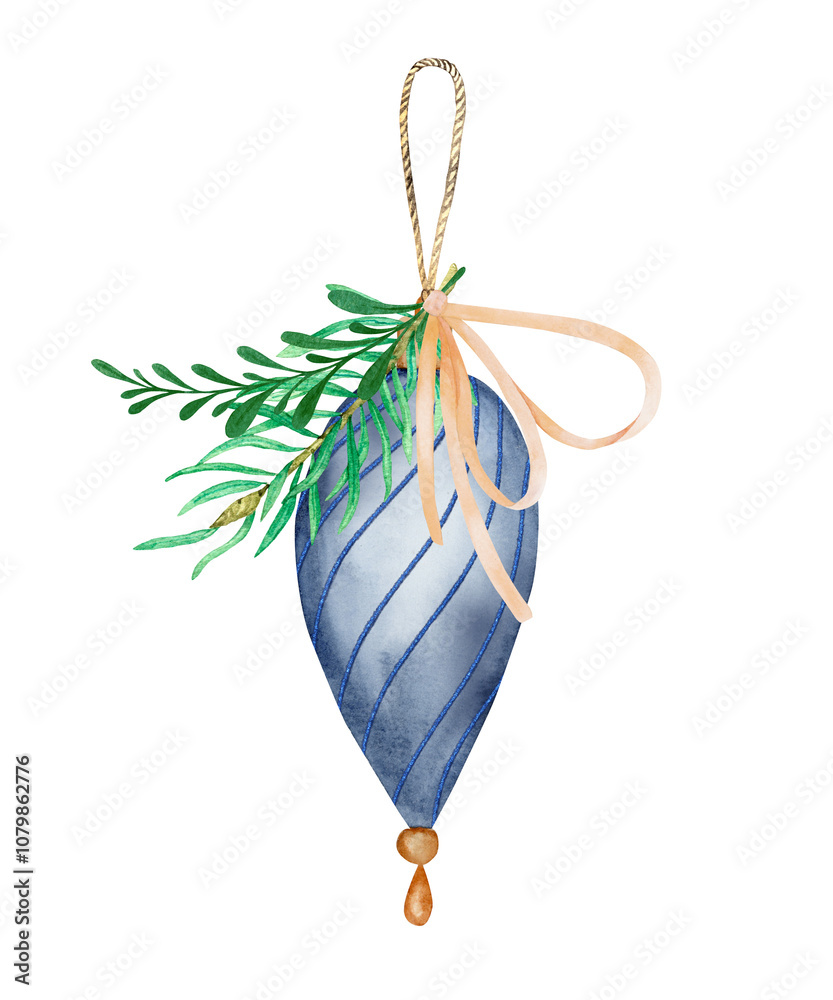Obraz premium Watercolor Christmas arrangement with blue christmas tree ball, fir twigs and bow. For greeting cards, scrapbooking, invitations, wrapping and other design ideas.