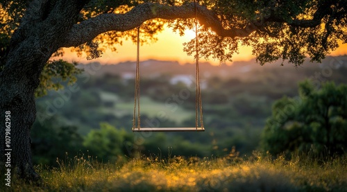 A wooden swing hangs from a tree branch, with the setting sun creating a golden glow behind it. The swing is in a field, with green trees and a blurry cityscape in the background.