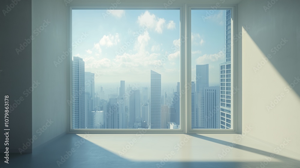 Interior view of an empty room in a skyscraper, showcasing the cityscape during the day. The skyline view from a high-rise window offers a gorgeous property with a stunning view.