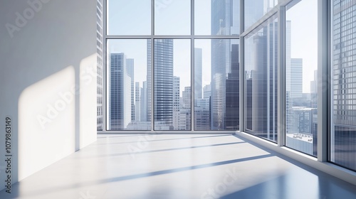 Interior view of an empty room in a skyscraper, showcasing the cityscape during the day. The skyline view from a high-rise window offers a gorgeous property with a stunning view.