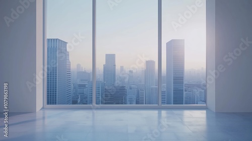 Interior view of an empty room in a skyscraper, showcasing the cityscape during the day. The skyline view from a high-rise window offers a gorgeous property with a stunning view.