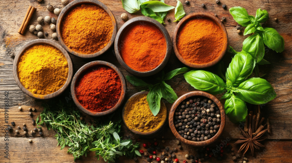 vibrant assortment of spices in wooden bowls, featuring turmeric, paprika, and black pepper, surrounded by fresh herbs like basil and thyme, creating rich culinary display vibrant assortment of spices in wooden bowls, featuring turmeric, paprika, and black pepper, surrounded by fresh herbs like basil and thyme, creating rich culinary display