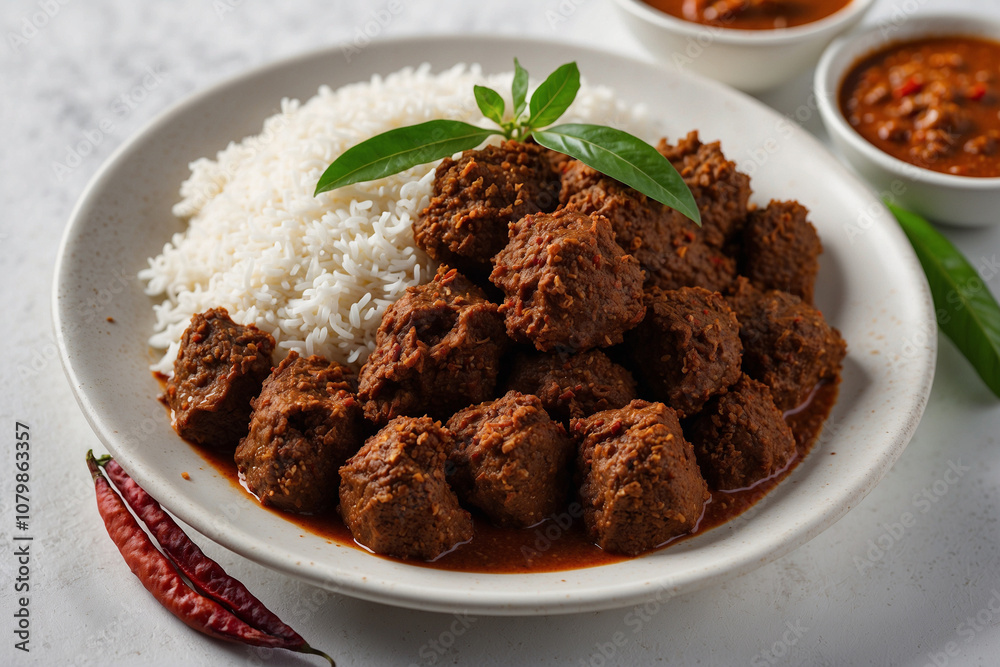Close-up of flavorful rendang, no garnish, placed on white background, highly detailed and vibrant Close-up of flavorful rendang, no garnish, placed on white background, highly detailed and vibrant