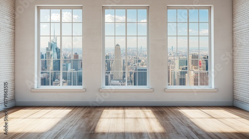 Interior view of an empty room in a skyscraper, showcasing the cityscape during the day. The skyline view from a high-rise window offers a gorgeous property with a stunning view. photo