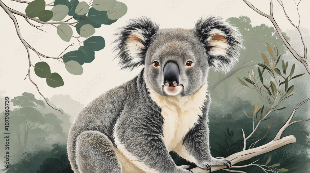 Obraz premium Detailed Ai drawn portrait of a Koala on a tree