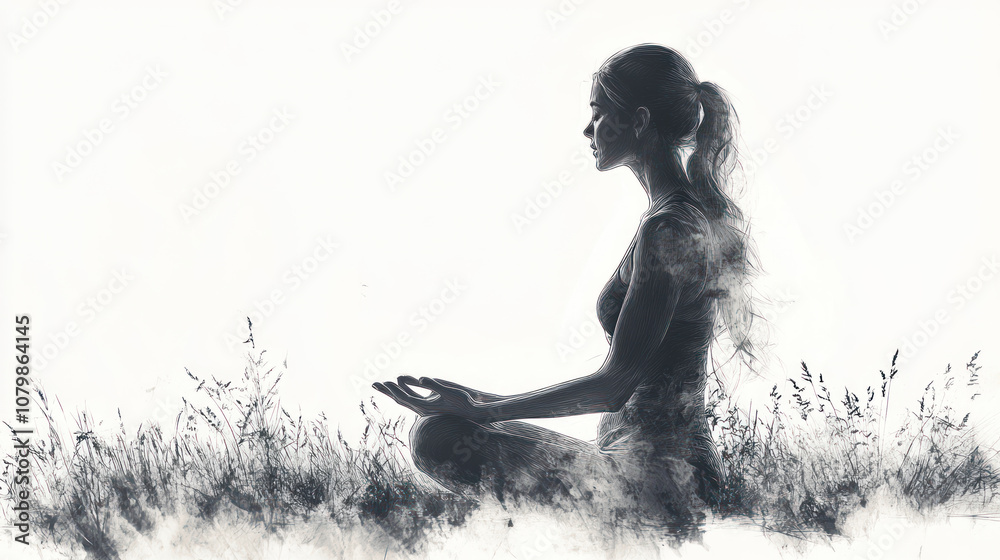 Fototapeta premium Pencil sketch outline of a woman practices yoga in grassy meadow at sunrise