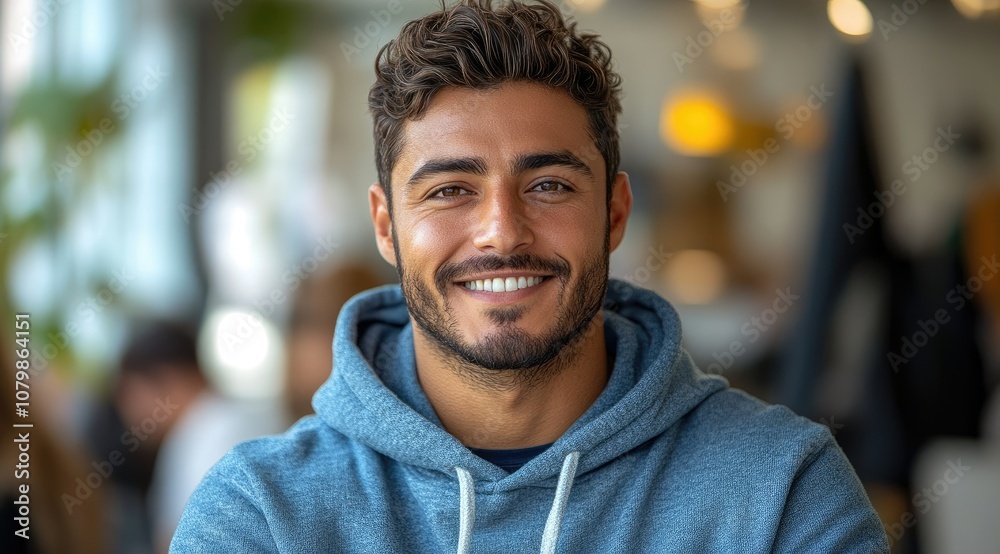 A young man with a beard and a warm smile looks directly at the camera, wearing a blue hoodie in a cafe or office setting. A young man with a beard and a warm smile looks directly at the camera, wearing a blue hoodie in a cafe or office setting.