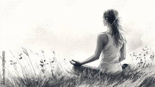 Pencil sketch outline of a woman practices yoga in grassy meadow at sunrise