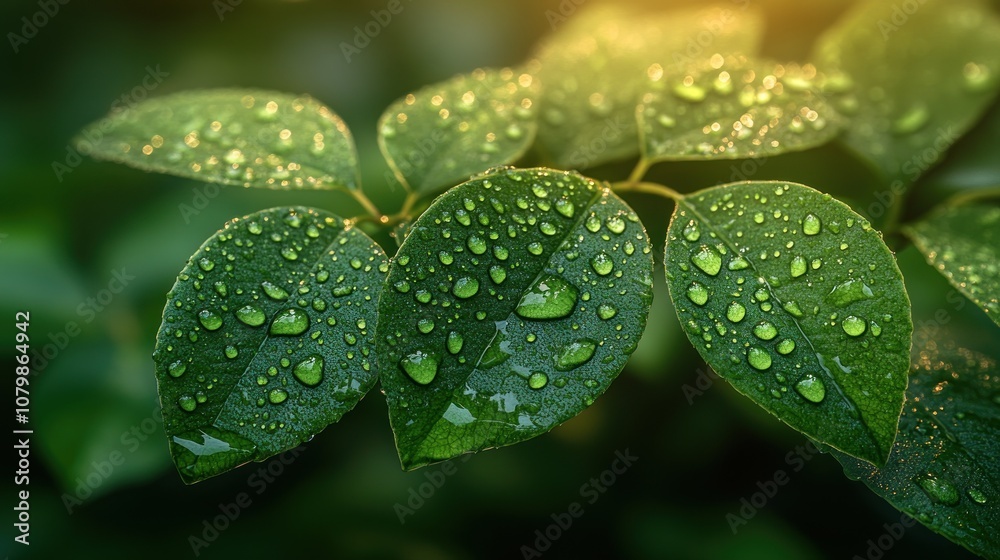 Close-up of green leaves with water droplets glistening. Close-up of green leaves with water droplets glistening.