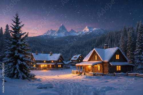 A snow-covered village in winter with cozy cottages, smoke rising from chimneys, pine trees all around, and soft snowfall under a twilight sky, creating a peaceful, storybook atmosphere