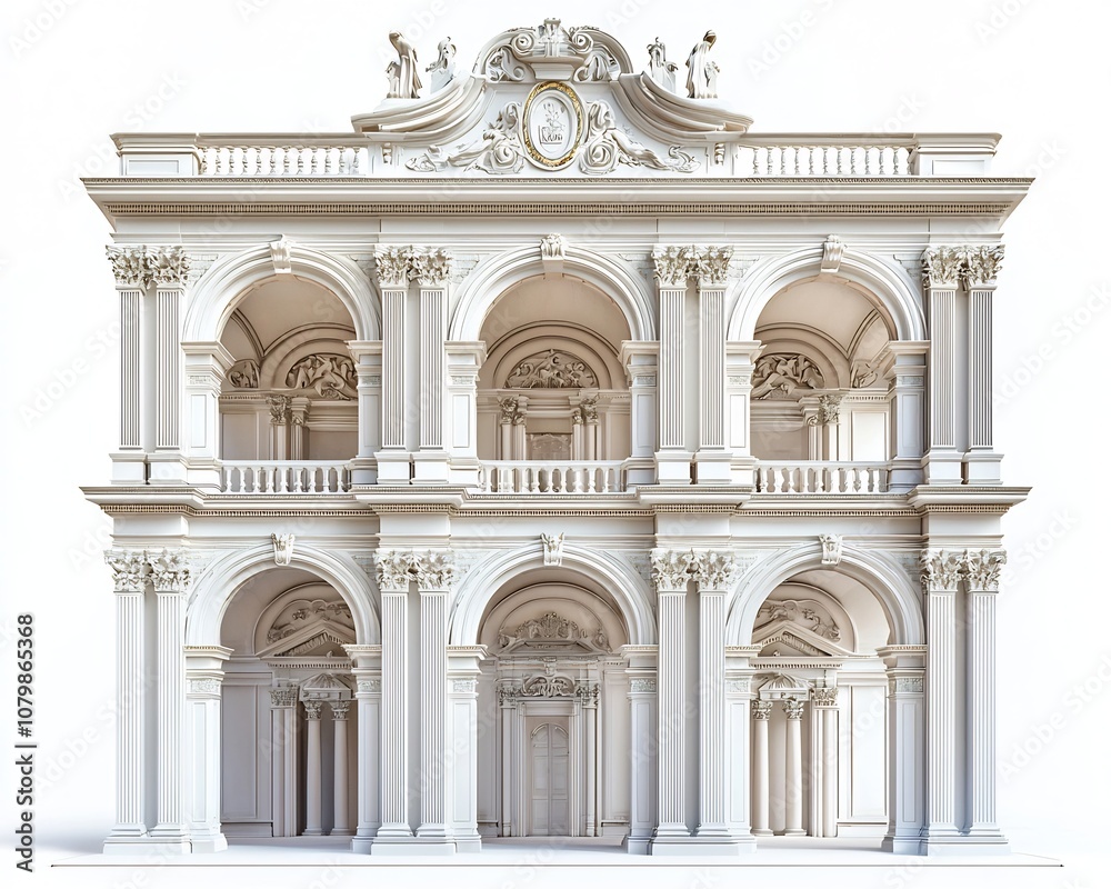 Naklejka premium Majestic Renaissance Palace with Symmetrical Facade and Rounded Arches on White Background