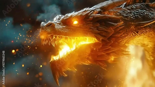 masterpiece digital artwork, a vicious golden dragon breathing fire, fantasy, , close up video