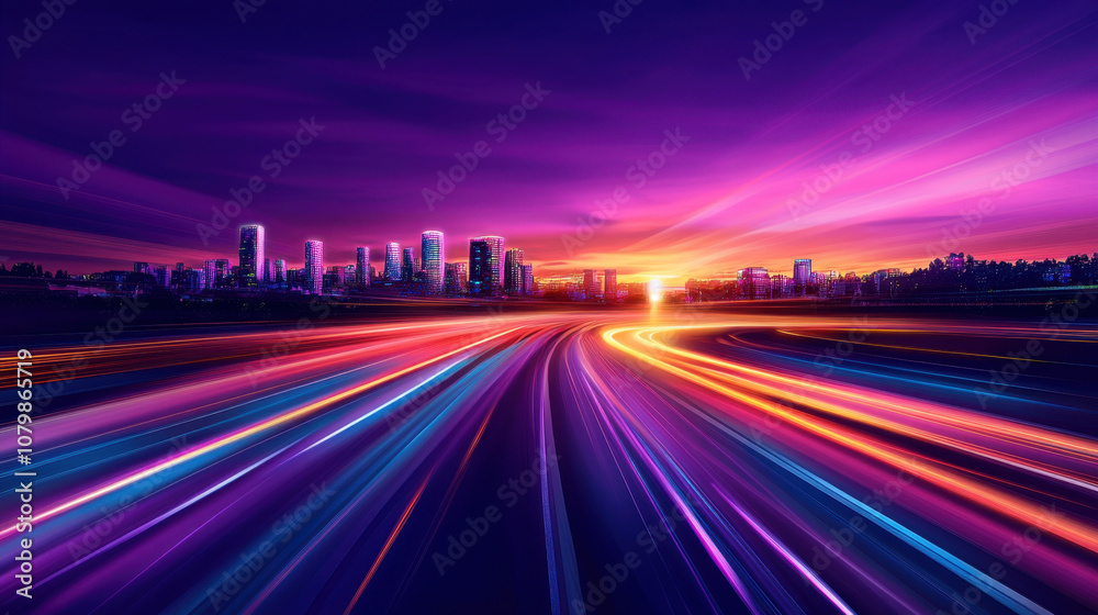 vibrant digital illustration of open road with neon lights, showcasing stunning city skyline at sunset. dynamic colors evoke sense of energy and movement vibrant digital illustration of open road with neon lights, showcasing stunning city skyline at sunset. dynamic colors evoke sense of energy and movement